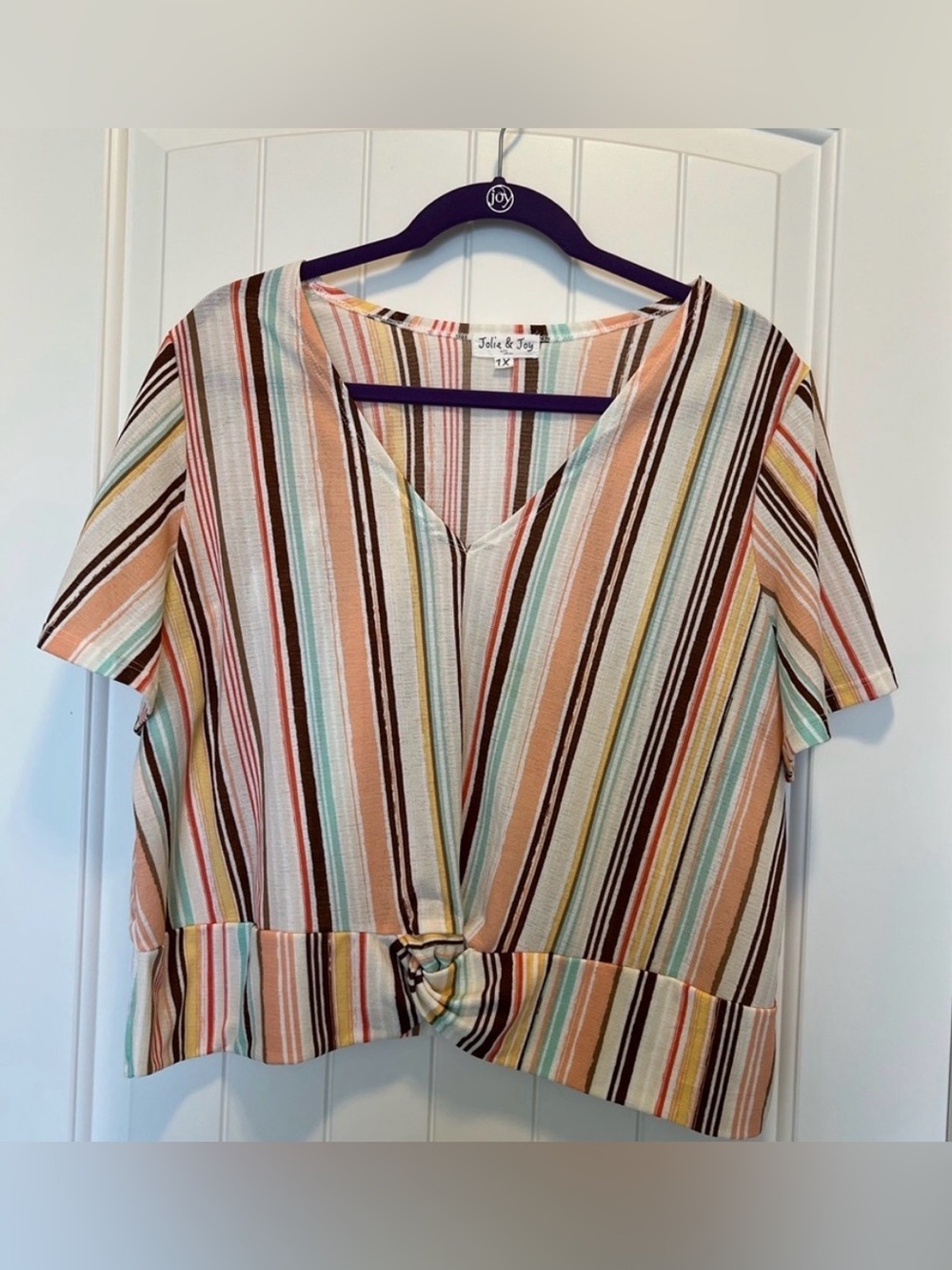 Multi colored striped Top with Knot accent at waist 1X Jolie & Joy